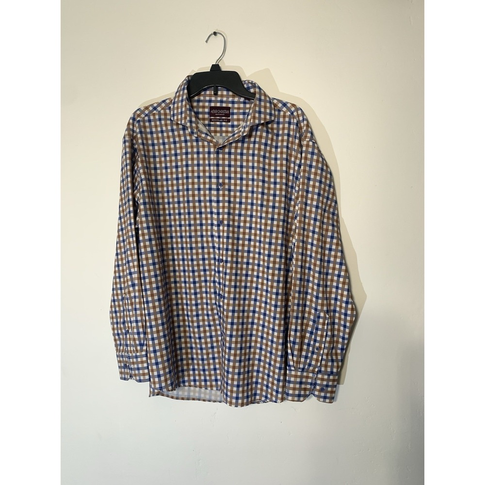 Henri Christian Mens Regular Fit Gingham Check Button‎ Down Shirt Blue Brown L